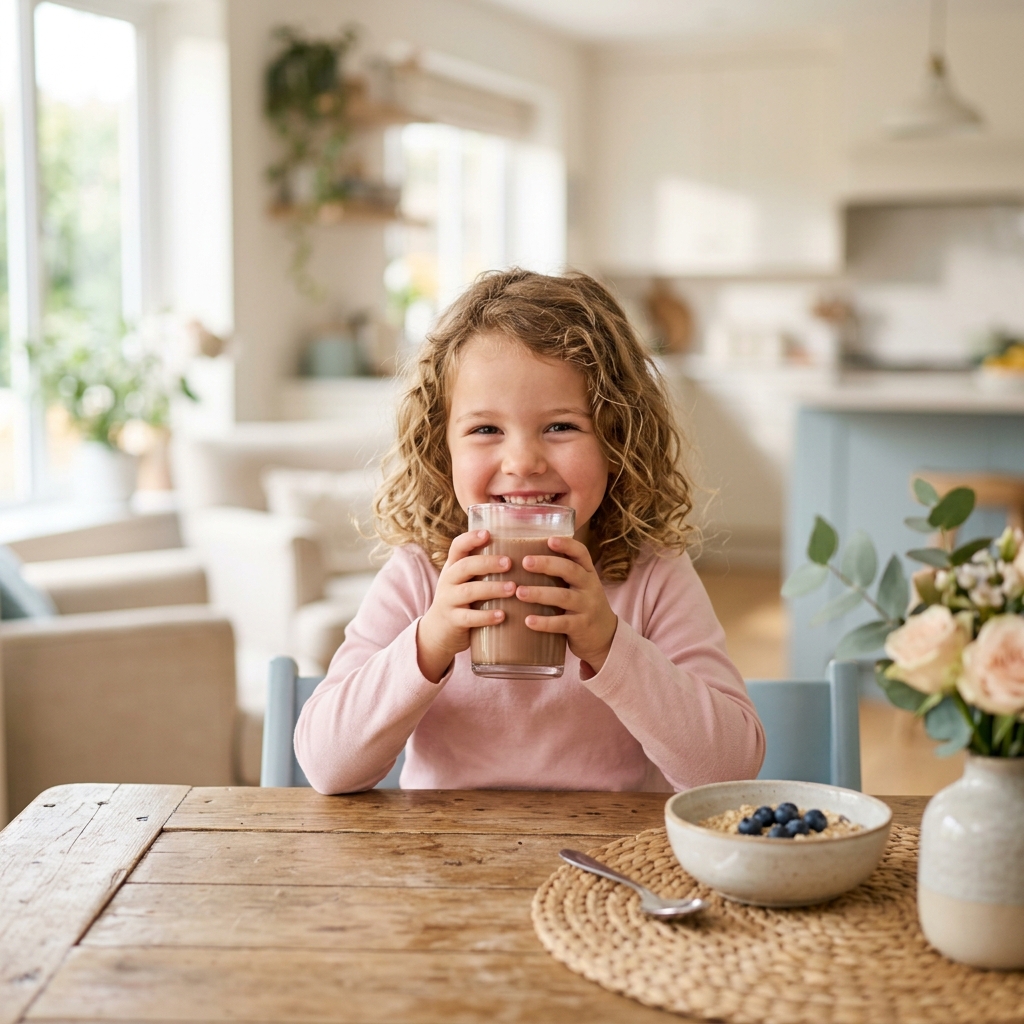 Criança em plena curva de crescimento e saúde saudável tomando vitamina suplementar diária recomendada pelas mães