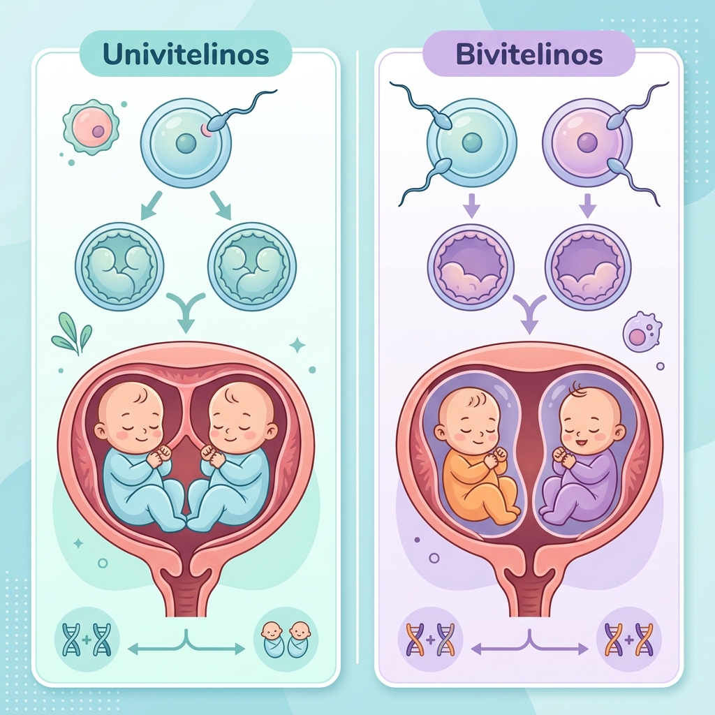 Infográfico médico ilustrativo mostrando a diferença entre gêmeos idênticos (univitelinos) que compartilham 1 óvulo, e gêmeos fraternos (bivitelinos) formados por 2 óvulos.