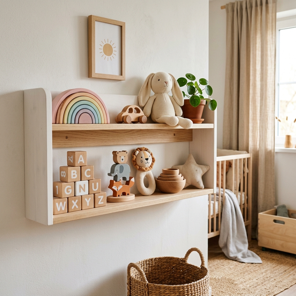 Prateleira de brinquedos montessorianos e de madeira organizados exibindo como escolher os melhores brinquedos infantis educativos