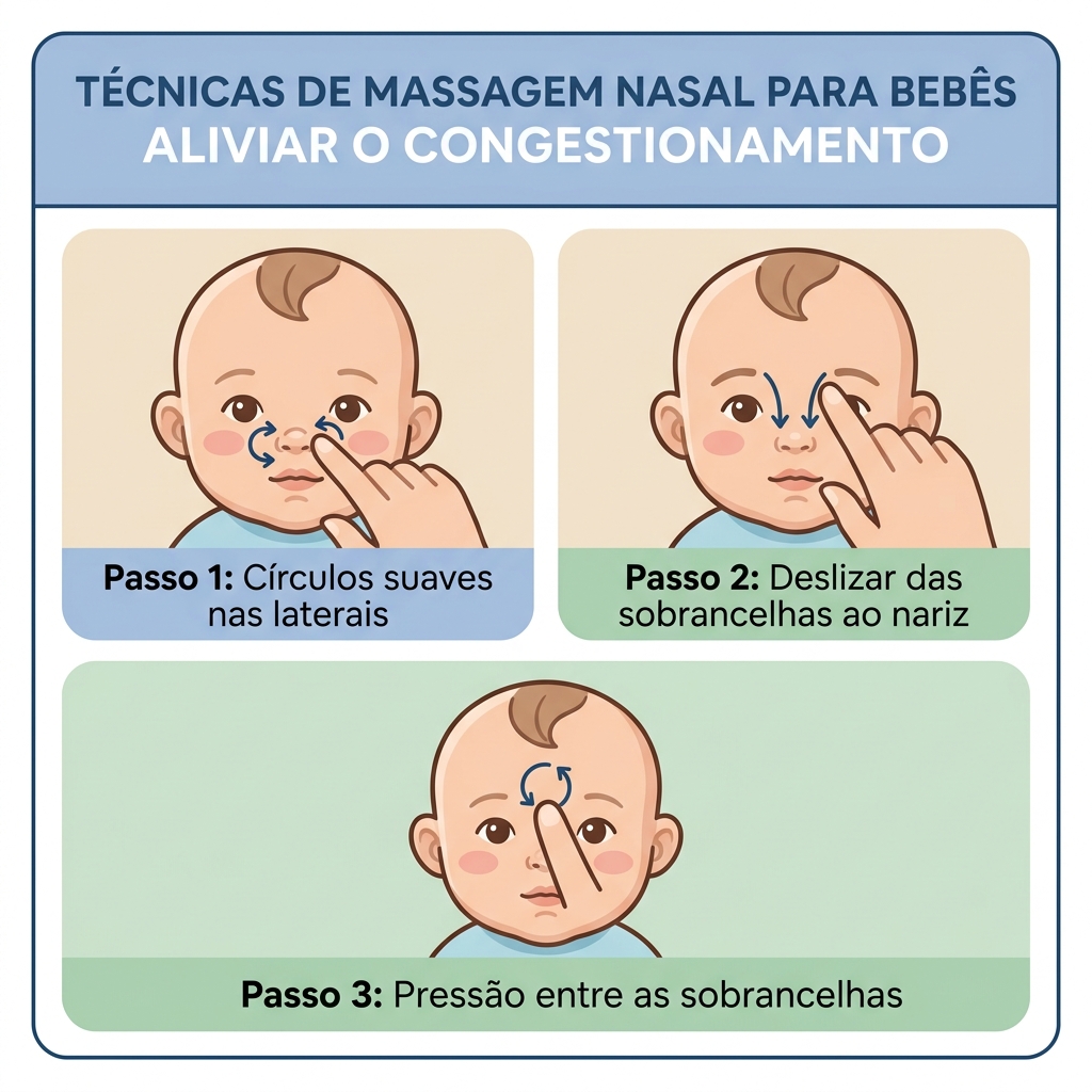 Infográfico: Passo a passo da massagem nasal suave para aliviar o nariz entupido do bebê