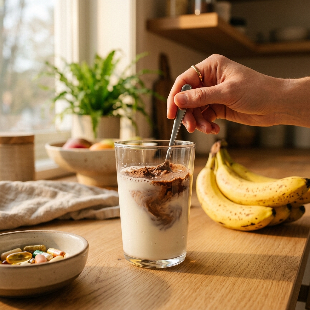 Preparação de bebida com pó nutricional focada no enriquecimento calórico infantil, batida no café da manhã