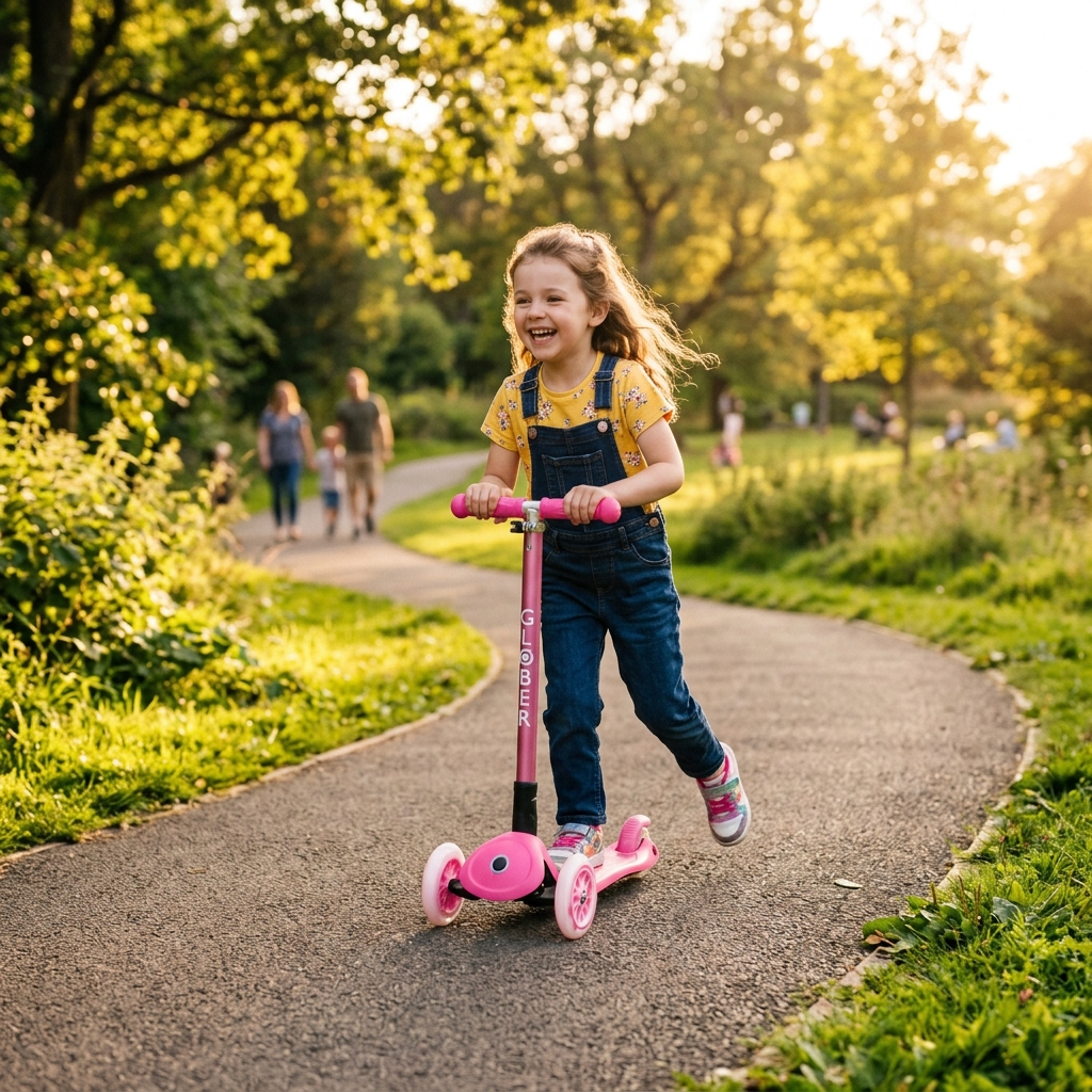 Uma garota de cerca de cinco anos com patinete rosa no parque capturada em luz da tarde demonstrando brinquedo infantil que fomenta esporte e ar livre longe do tablet para o SEO images