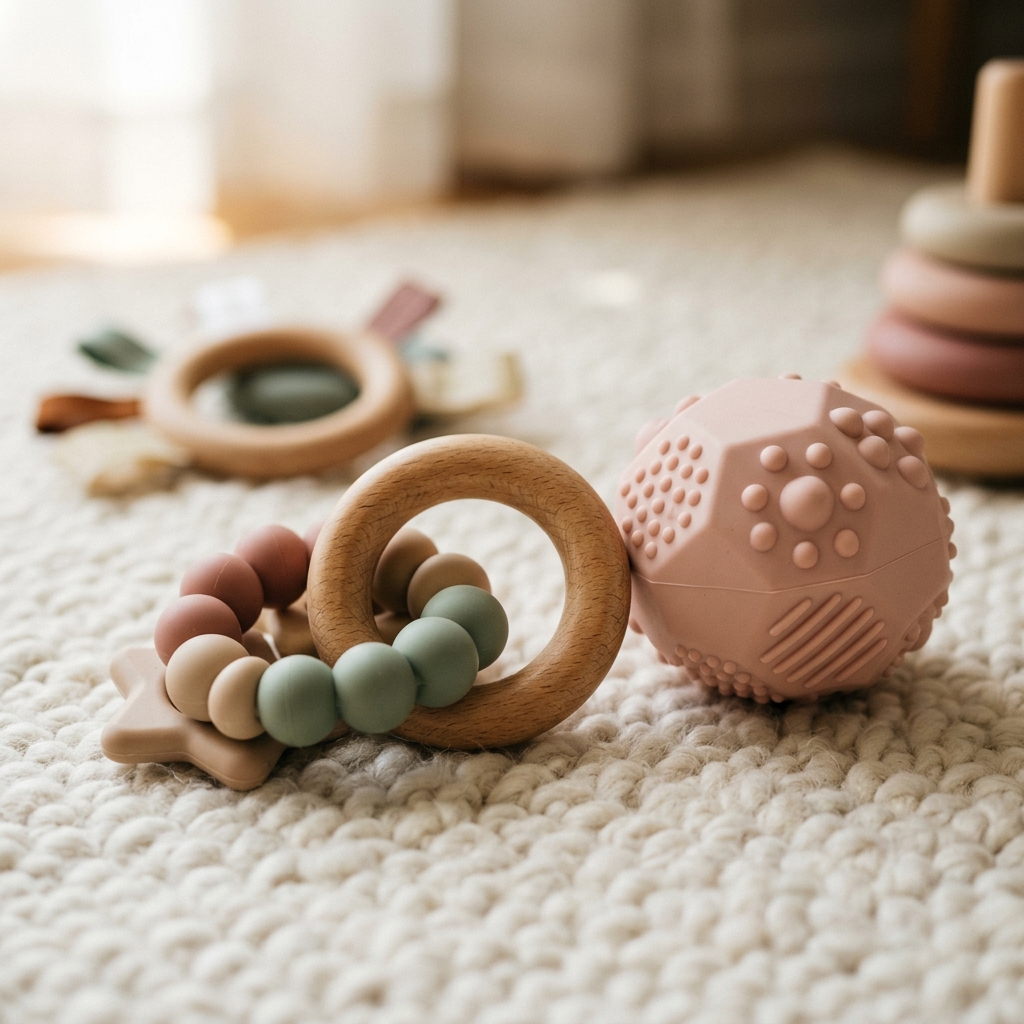 Macro de brinquedos infantis em BPA-free texturizados atestando a qualidade e total segurança na hora da compra para um bebê de 1 ano