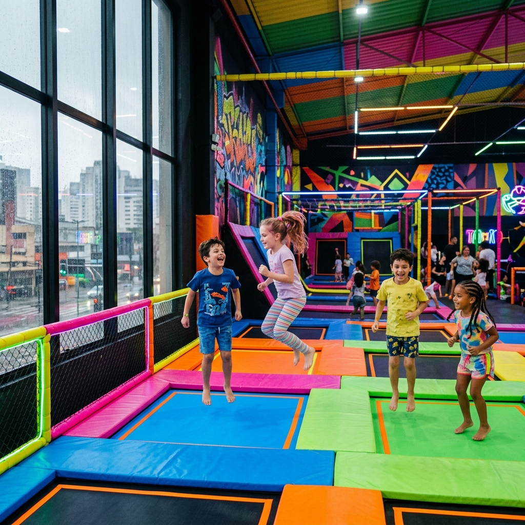Crianças pulando em trampolins coloridos em parque indoor em São Paulo num dia de chuva, se divertindo com energia