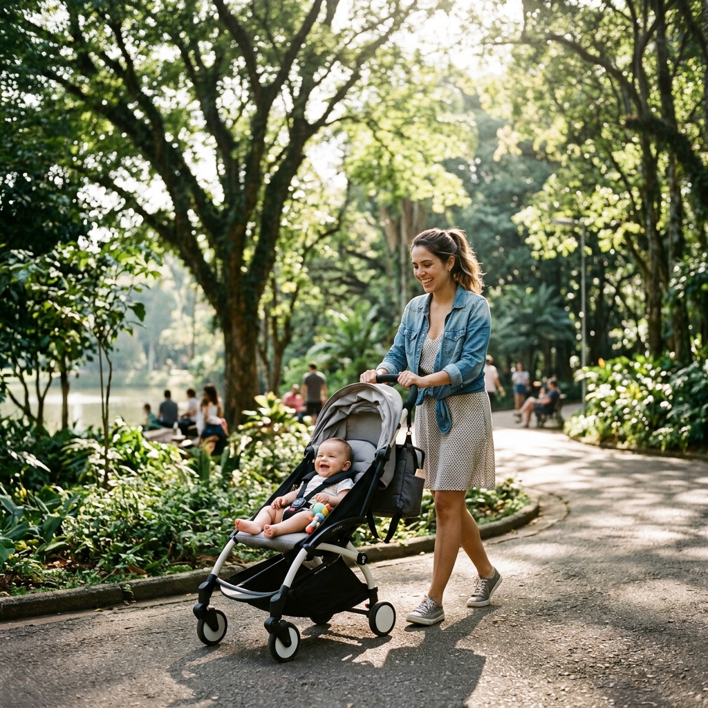 Mãe brasileira passeando com carrinho de bebê leve em parque sombreado de São Paulo pela manhã