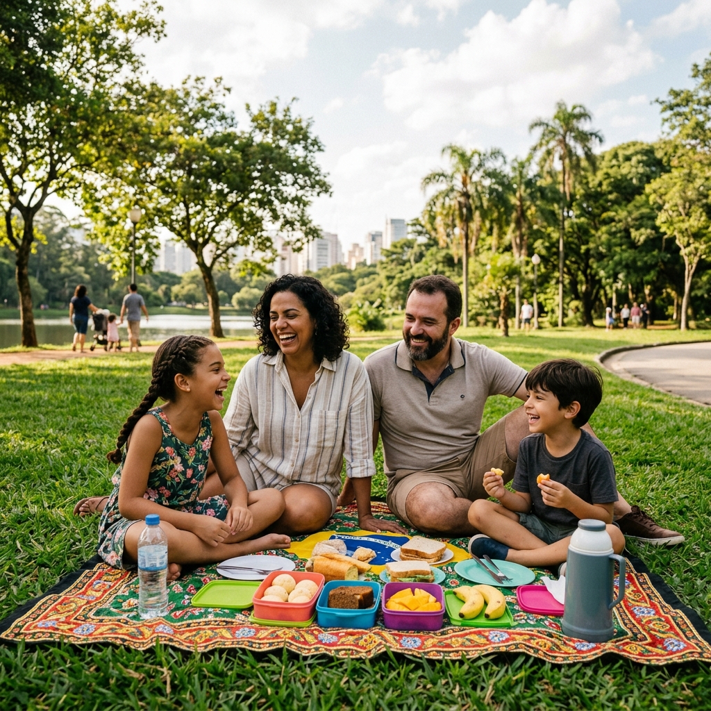 Família brasileira fazendo piquenique em parque de São Paulo com lancheiras coloridas e frutas, crianças sorrindo