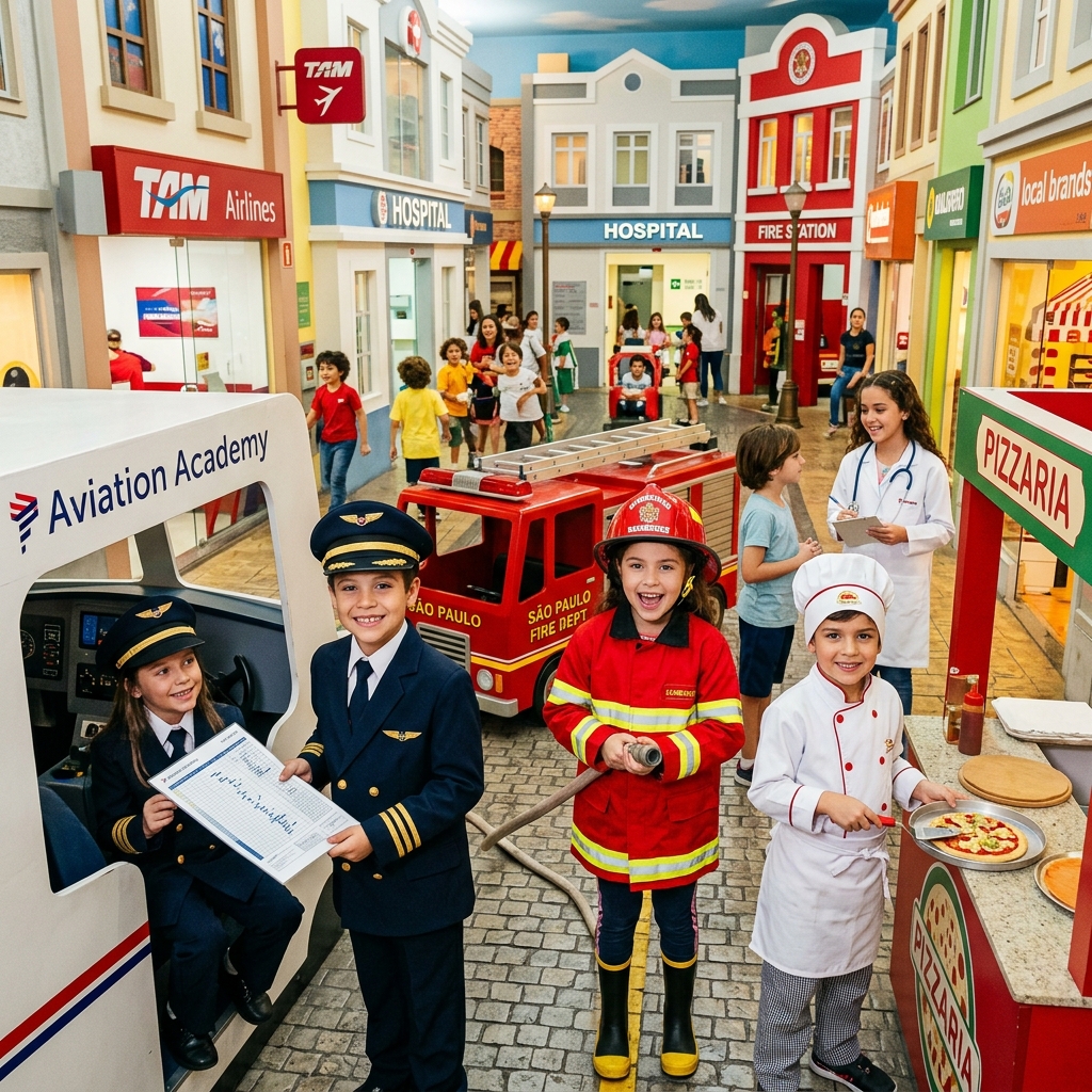 Crianças vestidas de piloto, chef e médico no KidZania São Paulo, parque de faz-de-conta em miniatura
