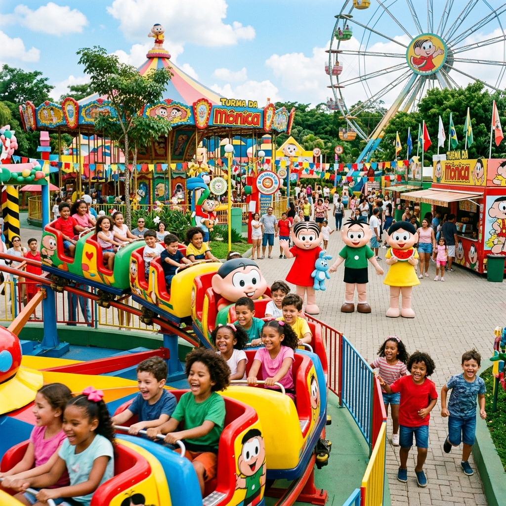 Crianças se divertindo em brinquedos coloridos no Parque da Mônica em São Paulo, com personagens da Turma da Mônica