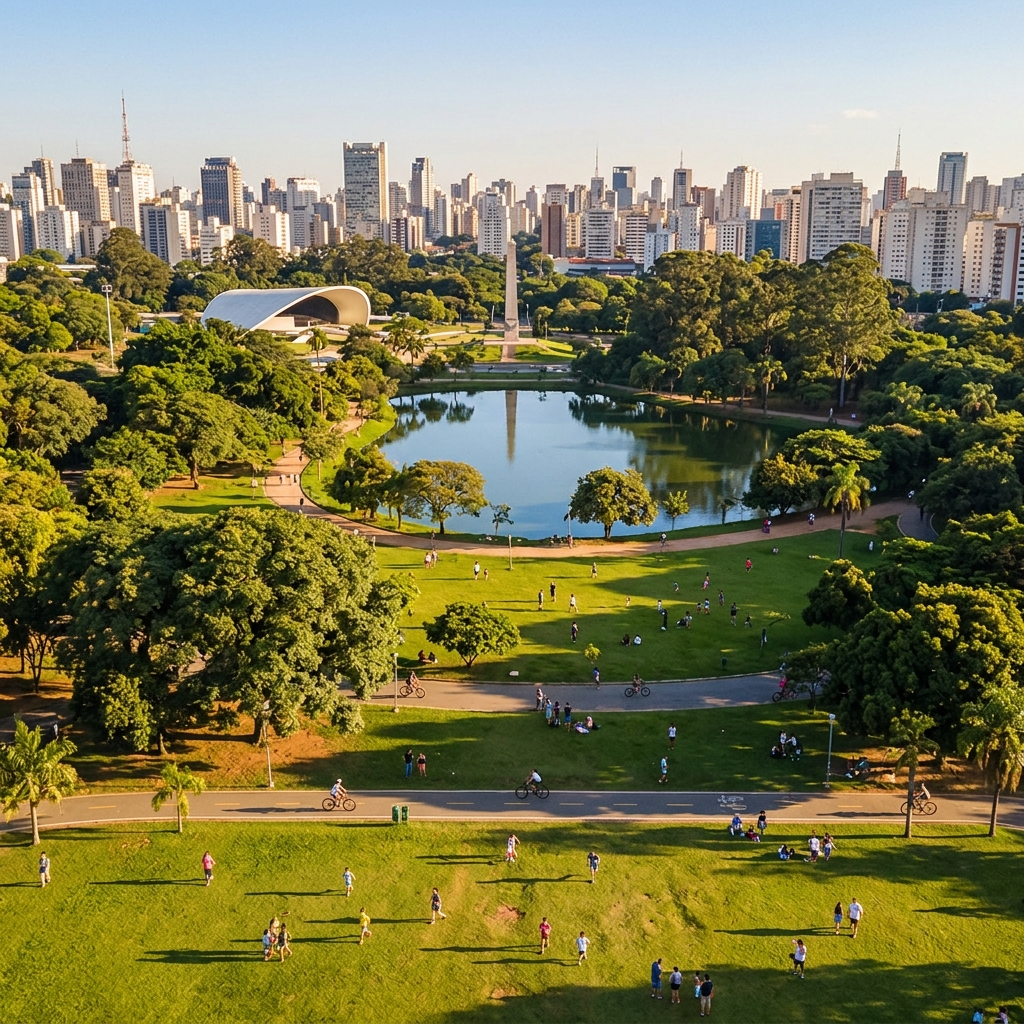 Famílias e crianças curtindo o Parque do Ibirapuera em São Paulo com o skyline da cidade ao fundo