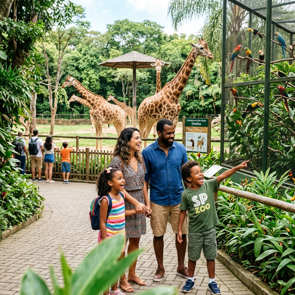 Família brasileira com crianças animadas visitando o Zoológico de São Paulo, observando girafas e aves exóticas